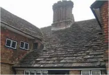  ??  ?? Left: Stone roofs have a very long service life – the fixings and battens are likely to decay well before the tiles themselves. Below: A roof in poor condition with slipped and broken tiles requires urgent repair or re-covering to protect the structure