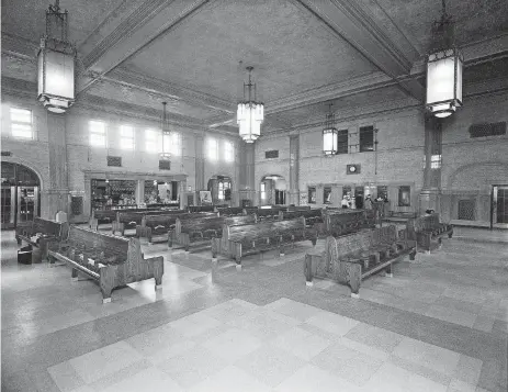  ?? [PHOTO PROVIDED BY THE OKLAHOMA HISTORICAL SOCIETY] ?? The passenger waiting area with its 25-foot-high ceiling was restored in 1978 by Thurman Magbee and can be cleared of office pods added in the center of the area so that it can be returned to its original appearance.