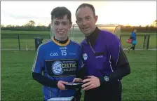 ??  ?? Wicklow’s Rory Lambe collected the Man of the Match award.