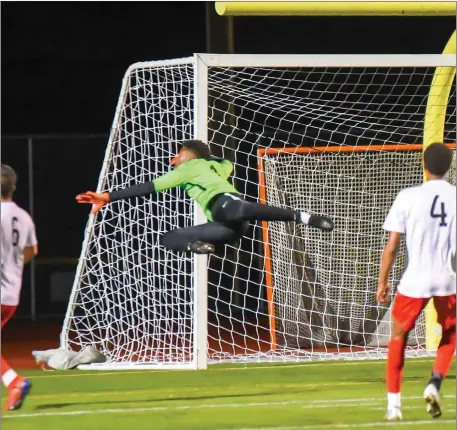  ??  ?? Tolman goalie Nelton Semedo, above, dives to make a save during the No. 5 Tigers 2-1 Division I semifinal victory over North Kingstown to reach the final against La Salle Sunday. Thomas Corcoran (7, bottom left) and No. 4 Lincoln will face Michael Fernandes (bottom right) and No. 2 North Smithfield in Sunday’s Division II final after both Valley squads overcame Providence opposition Thursday night at Johnston High. The Northmen beat Hope, 3-1.