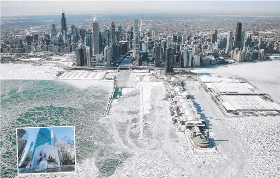  ?? Pictures: AFP/AP ?? Ice builds up along the shore of Lake Michigan as temperatur­es during the past two days in Chicago have dipped to lows of -23C, Inset: A frozen water fountain at Bryant Park in New York.