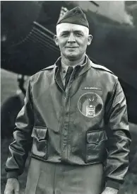  ??  ?? When this photo was taken in 1934, Arnold’s A-2 flight jacket had only recently entered service. Note the hand-painted Eskimo totem-pole insignia created for the B-10 Alaska flight. (Photo courtesy of the National Air and Space Museum via the author)
