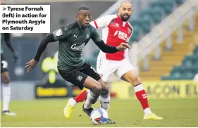  ??  ?? > Tyrese Fornah (left) in action for Plymouth Argyle on Saturday