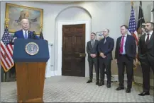  ?? AP photo ?? President Joe Biden speaks about artificial intelligen­ce in the Roosevelt Room of the White House on Friday in Washington, as (from left) Adam Selipsky, CEO of Amazon Web Services; Greg Brockman, President of OpenAI; Nick Clegg, President of Meta; and Mustafa Suleyman, CEO of Inflection AI, listen.