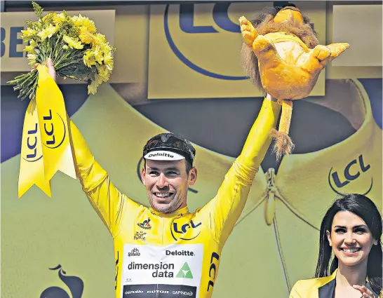  ??  ?? Dream come true: Mark Cavendish in yellow last year, and celebratin­g his fourth stage win of the race (below)