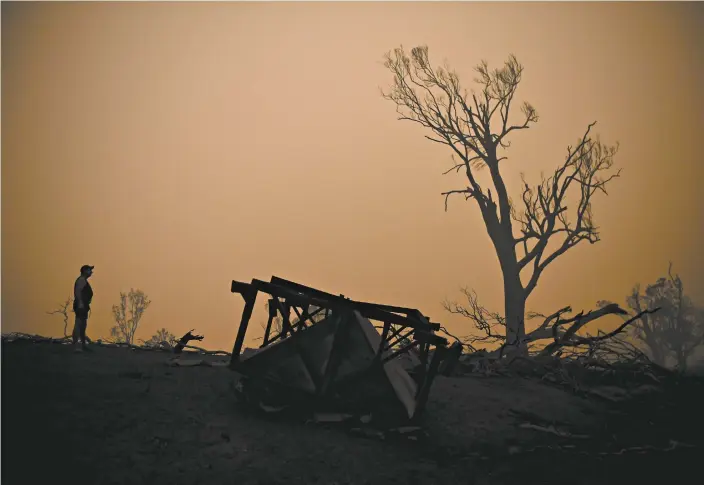  ?? Reuters / Tracey Nearmy ?? Cobargo resident John Aish walks through a destroyed home in the town, as bushfires continued to ravage NSW in January 2020.