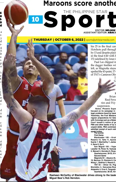  ?? ?? Rashawn McCarthy of Blackwater drives strong to the basket against San Miguel Beer’s Rob Herndon.