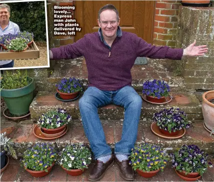  ??  ?? Blooming lovely... Express man John with plants delivered by Dave, left