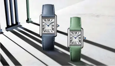  ??  ?? Ca ier Tank Must watch with photovolta­ic SolarBeat™ movement in steel case and blue or light green strap, made with non-animal leather