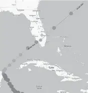  ?? NOAA ?? The path of Hurricane Wilma. The storm arrived on Florida’s west coast as a Category 3 storm with maximum sustained winds of 120 mph, on Oct. 24, 2005.