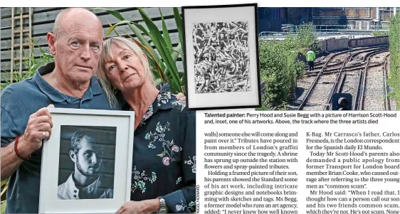  ??  ?? Talented painter: Perry HoHood and Susie Begg with a picture of Harrison Scott-Hood and, inset, one of his artworks. Above, the track where the three artists died