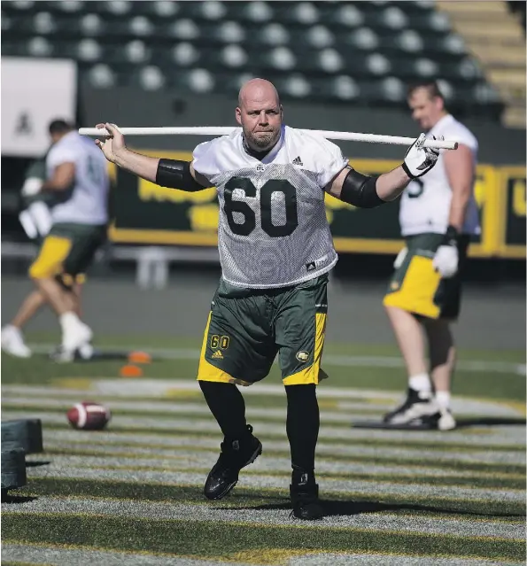  ?? GREG SOUTHAM ?? Edmonton Eskimos centre Justin Sorensen remembers a time when it was standard practice to strap on the pads — “we wore them every day, he says” — and go at it during team practices. With new rules accentuati­ng player safety, those days are long gone.