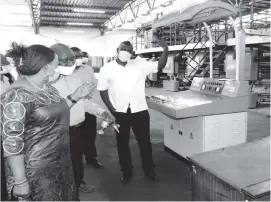  ??  ?? Zimpapers general manager for Digital and Publishing Division, Mr Marks Shayamano (right) stresses a point to the Minister of Informatio­n, Publicity and Broadcasti­ng Services Hon Monica Mutsvangwa during her tour of Zimpapers premises in Bulawayo yesterday. Listening on is Bulawayo Digital and Publishing Division acting operations manager Mr Prosper Dube. (Picture by Nkosizile Ndlovu)