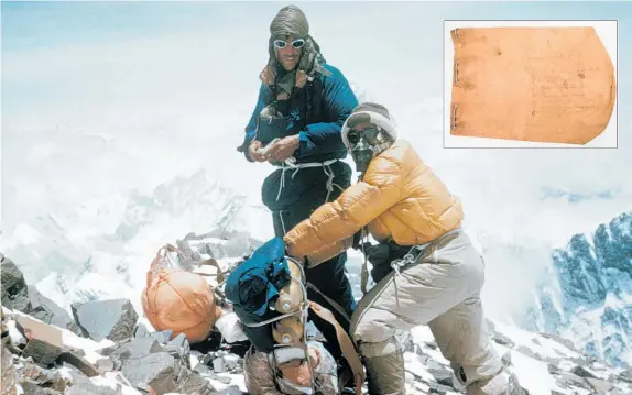  ?? Photos / Supplied ?? Sir Edmund Hillary, rear, verified the kit bag (inset) was his.