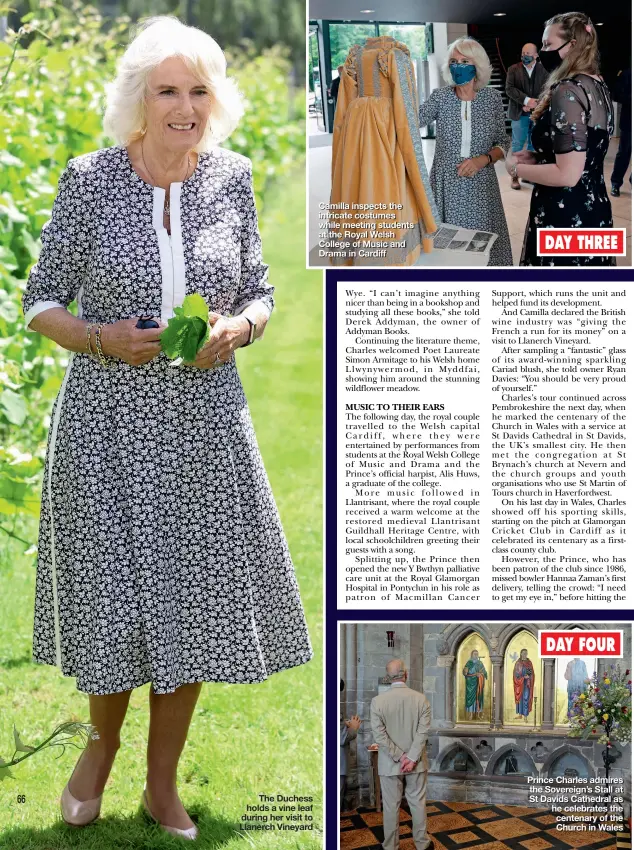  ??  ?? The Duchess holds a vine leaf during her visit to Llanerch Vineyard
Camilla inspects the intricate costumes while meeting students at the Royal Welsh College of Music and Drama in Cardiff
Prince Charles admires the Sovereign’s Stall at St Davids Cathedral as he celebrates the centenary of the Church in Wales