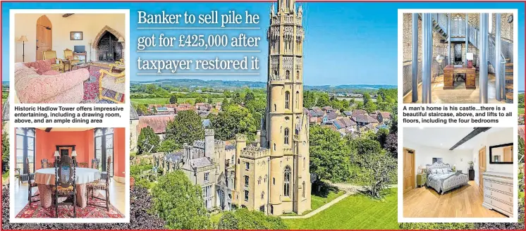  ?? Pictures: SWNS ?? Historic Hadlow Tower offers impressive entertaini­ng, including a drawing room, above, and an ample dining area A man’s home is his castle...there is a beautiful staircase, above, and lifts to all floors, including the four bedrooms