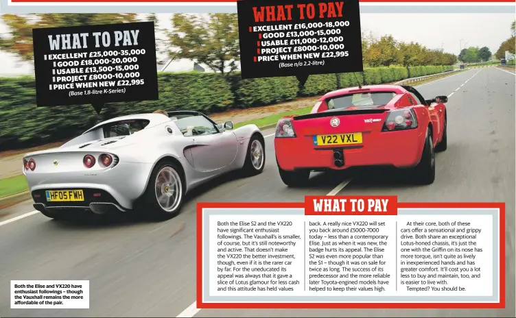  ??  ?? Both the Elise and VX220 have enthusiast followings – though the Vauxhall remains the more affordable of the pair.