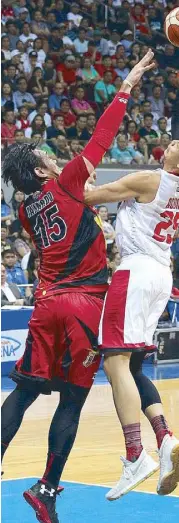  ??  ?? Japeth Aguilar of Ginebra keeps June Mar Fajardo of SMB at bay as he takes a shot in Game One of the best-of-seven series Friday.