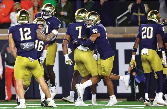  ?? GETTY IMAGES ?? Prince Kollie returned a blocked punt 17 yards for a touchdown in the first quarter, which jump-started the Irish’s victory over No. 4 Clemson on Saturday night.