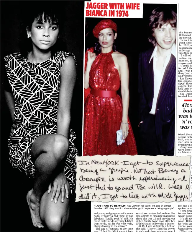  ??  ?? ‘I JUST HAD TO BE WILD’: Rae Dawn in her youth, left, and an extract from her 1977 diary in which she said she ‘got to experience being a groupie’ JAGGER WITH WIFE BIANCA IN 1974