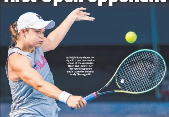  ?? ?? Ashleigh Barty shows her style in a practice session ahead of the Australian Open and (below) her first-round opponent Lesia Tsurenko. Picture: Andy Cheung/AFP