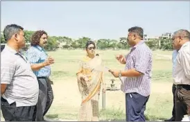 ?? MAHENDRA PANDEY/HT ?? Principal secretary, sports, Anita Bhatnagar Jain along with officials, including director sports, RP Singh (second from left) inspecting the Vijayantkh­and Stadium in Lucknow on Tuesday.