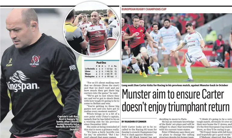  ??  ?? Captain’s call: Rory
Best is hungry for battle after (above) losing heavily to La Rochelle in France in
October
Long wait: Dan Carter kicks for Racing in his previous match, against Munster back in October