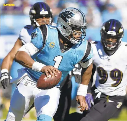  ?? MIKE MCCARN/ASSOCIATED PRESS ?? The Ravens feast on lower-echelon quarterbac­ks, but top-tier passers, such as the Panthers’ Cam Newton, feast on them.