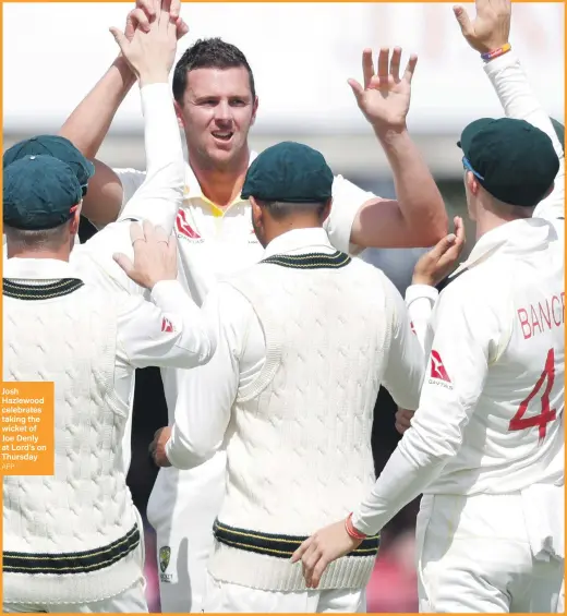  ?? AFP ?? Josh Hazlewood celebrates taking the wicket of Joe Denly at Lord’s on Thursday