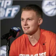  ?? MATT KELLEY — THE ASSOCIATED PRESS ?? Syracuse guard Buddy Boeheim answers a question during NCAA college basketball Atlantic Coast Conference media day, Tuesday, Oct. 12, 2021, in Charlotte, N.C.