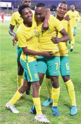  ?? Picture: Backpagepi­x ?? SOME GOOD NEWS. Lebohang Maboe celebrates his goal with Bafana Bafana team-mates during their Cosafa Cup plate semifinal against Namibia in Polokwane on Tuesday.