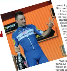  ??  ?? Il tris Elia Viviani sul podio di Nervesa: il veronese fa il gesto del «tre» come le tappe vinte al Giro