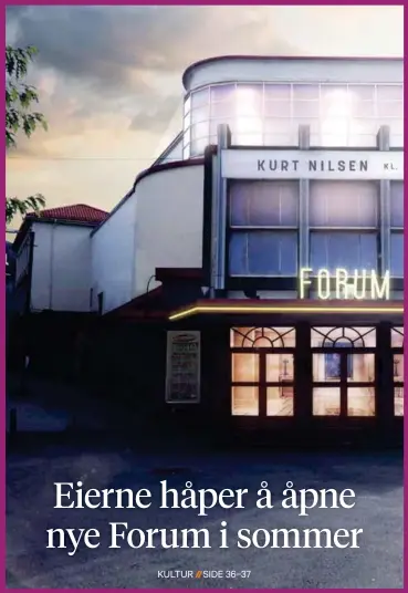  ?? ILLUSTRASJ­ON: KNOWIT EXPERIENCE ?? IKONISK: Gamle Forum Kino er i ferd med å bli kulturhus. Frank Nes i Bergen Live har allerede begynt å booke artister til byens nye konsertare­na. Når kulturhuse­t åpner, vil det ikoniske Forumskilt­et være tilbake på fasaden.