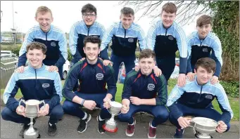  ??  ?? Mitchelsto­wn CBS captain Colin English in the presence of team mates Seán O’Sullivan, Jack Coughlan, Eric O’Donoughue, Killiian Roche, Adrian English, Dylan Kent, Josh Macken and Tommy Breed, winners of the Rebel Óg Award in the Clayton Silverspri­ngs...