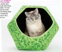  ?? ?? Give your cat a luxurious hidey-hole where he can watch the world go by in comfort. The hexagonal design of The Cat Ball creates a stylish and unusual nook with thick, padded walls— it’s the perfect spot for naps, games, and hiding away when the world just gets too much! $50, TheCatBall.com