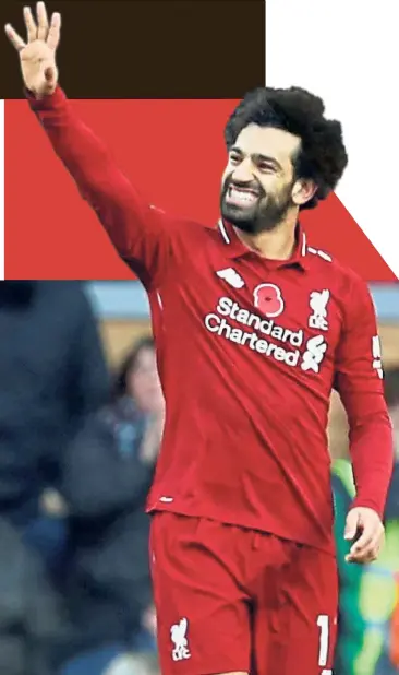  ?? — Reuters ?? You can count on me: Liverpool’s Mohamed Salah celebratin­g after scoring the first goal against Fulham in the English Premier League match at Anfield yesterday. Liverpool won 2- 0.