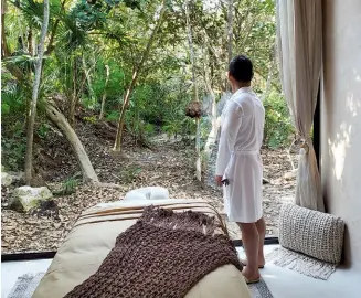  ??  ?? A treatment room at the forest-facing spa. Below: Plantbased dishes include grilled carrots on top of savoury carrot purée.