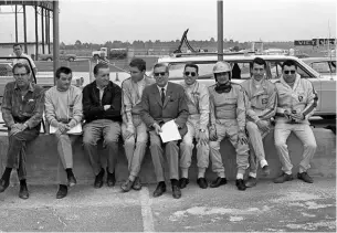  ??  ?? Below: Daytona 1968, from left to right: Peter Falk, Hans Mezger, Helmuth Bott, Rolf Stommelen, Huschke v. Hanstein, Joe Buzzetta, Hans Herrmann, Vic Elford and Gerhard Mitter