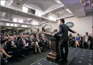  ?? The Associated Press ?? STAFF SHAKEUP: Anthony Scaramucci, incoming White House communicat­ions director, accompanie­d by newly appointed White House press secretary Sarah Huckabee Sanders, right, speaks during the daily press briefing at the White House on Friday in...