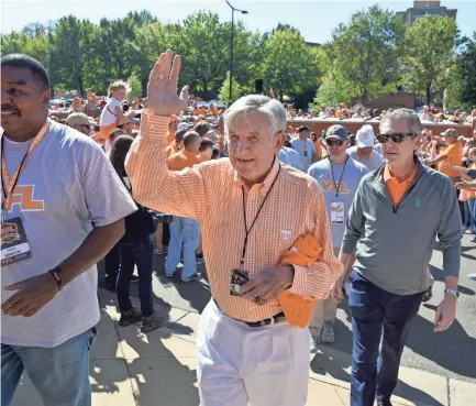  ??  ?? Former Tennessee head coach Johnny Majors during the Vol Walk before the Tennessee vs. Alabama game in Neyland Stadium Saturday, Oct. 15, 2016 in Knoxville, Tenn. MICHAEL PATRICK/NEWS SENTINEL