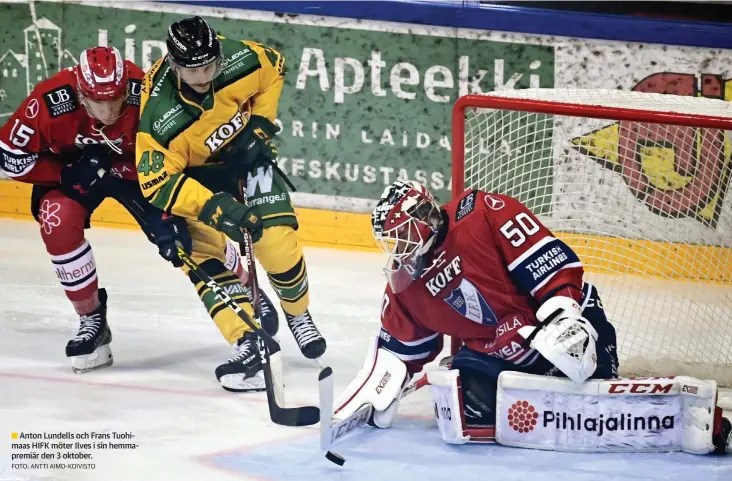  ?? FOTO: ANTTI AIMO-KOIVISTO ?? Anton Lundells och Frans Tuohimaas HIFK möter Ilves i sin hemmapremi­är den 3 oktober.