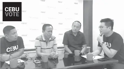  ??  ?? Aspiring councilors Francis Esparis (2nd from left) and Hernest Herrera (3rd from left) answer questions from News Editor Fred Languido (left) and Online Editor Joeberth Ocao during the Know Your Candidate series of Cebu Vote, the election coverage of The Freeman and Banat News.