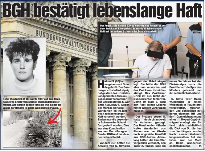  ??  ?? Heike Wunderlich († 18) wurde 1987 auf dem Nachhausew­eg brutal vergewalti­gt, misshandel­t und ermordet. Am Morgen danach fand ein NVA-Soldat die Leiche der Näherin in einem Waldstück in Plauen. Der Angeklagte Helmut S. (63) während des Prozesses vor dem...