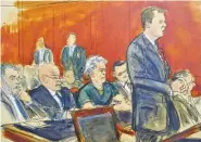  ?? ELIZABETH WILLIAMS VIA AP ?? In this courtroom artist’s sketch, defendant Jeffrey Epstein, center, listens as Assistant U.S. Attorney Alex Rossmiller, right, addresses the court during Epstein’s arraignmen­t, Monday in New York.