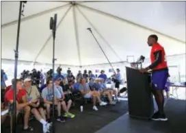  ?? ANDY CLAYTON-KING — THE ASSOCIATED PRESS ?? Vikings quarterbac­k Teddy Bridgewate­r speaks at his first press conference since his knee injury last year during training camp in Mankato, Minn., Thursday.