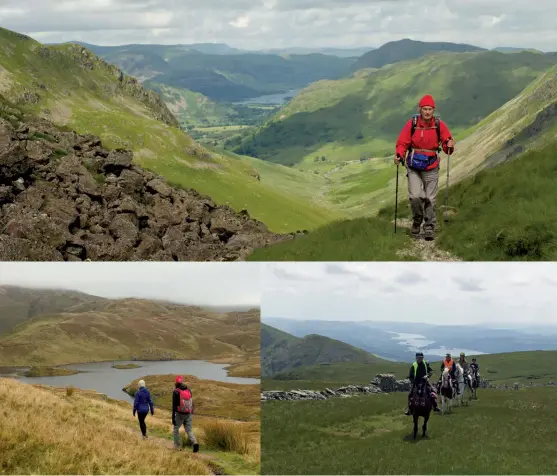  ?? ?? [Captions clockwise from top] Threshthwa­ite Glen; pony trekkers on High Street; Angle Tarn