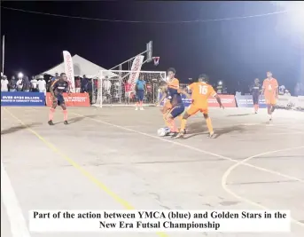  ?? ?? Part of the action between YMCA (blue) and Golden Stars in the New Era Futsal Championsh­ip