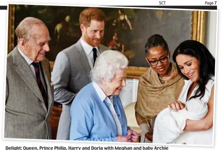  ??  ?? Delight: Queen, Prince Philip, Harry and Doria with Meghan and baby Archie