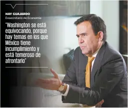  ?? ?? Ildefonso Guajardo, quien fue jefe negociador de México para el T-MEC, opina que el gobierno genera desconfian­za al hacer una cosa en lo económico y otra en lo político.