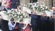  ??  ?? SIDE BY SIDE, ALWAYS The coffins of Chloe and Liam are carried from the church. Smiling 18-year-old Georgina, inset, was also laid to rest